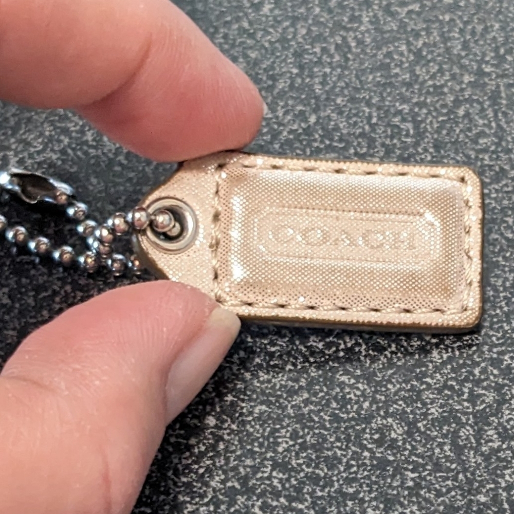 Coach Hangtag Mini Keychain Bag Charm Small Shiny Cream Tan Taupe